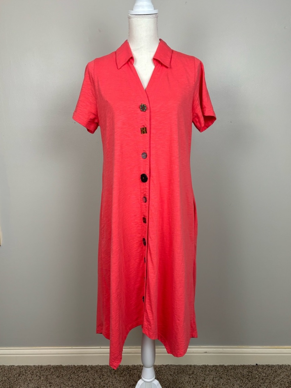 Soft Surroundings Dress Womens Med Pink‎ Coral Danielle Button T-Shirt Pockets